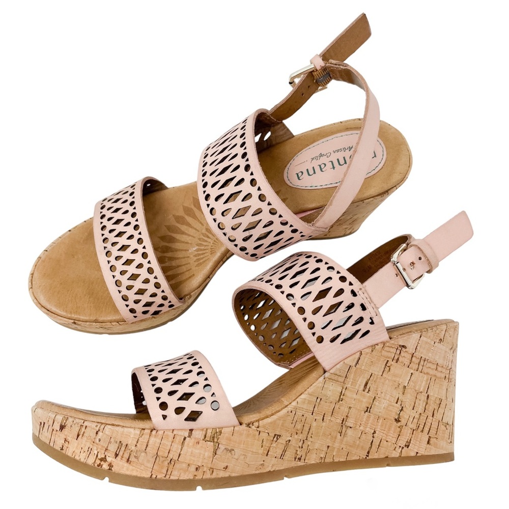 Montana Leather Laser Cut Out Wedge Cork Sandals Blush Pink Women’s 9.5